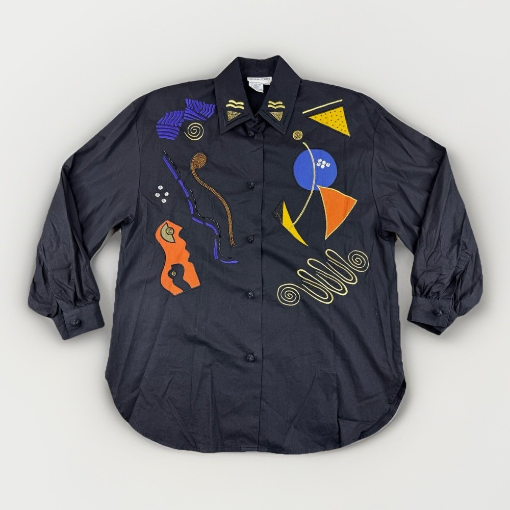 Vintage Regina Porter Abstract Art‎ Shirt M Black Beaded Appliqué 90s Statement